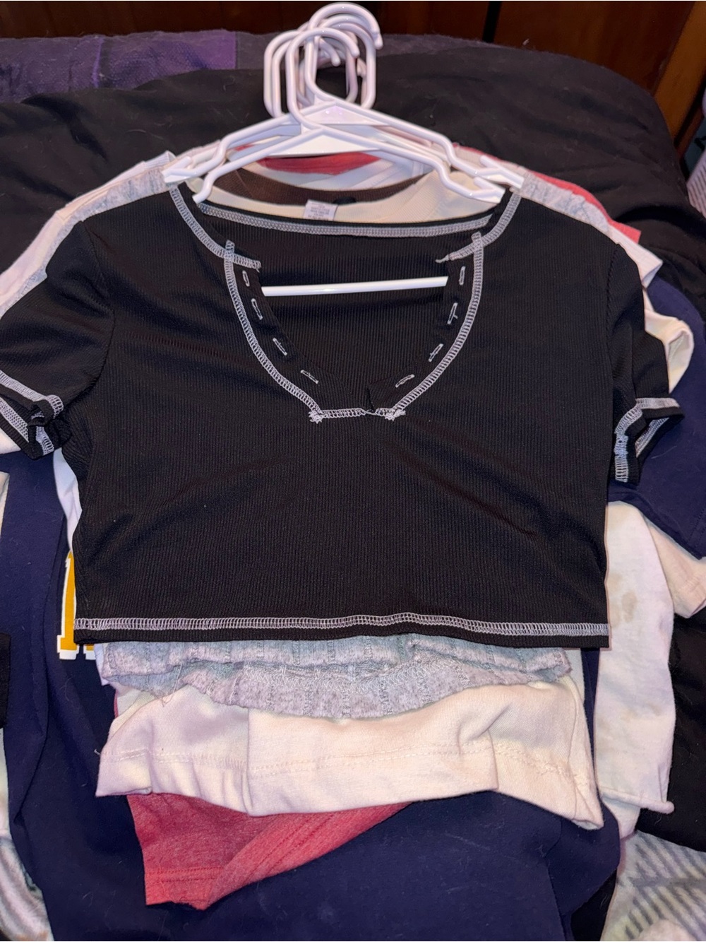 SHEIN Black Crop Top with Contrast White Stitching